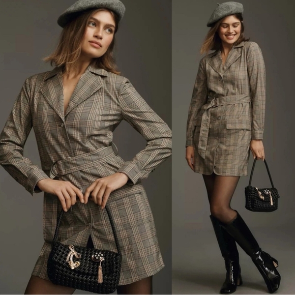 Anthropologie Pilcro Plaid Belted Blazer Mini Dress - Picture 1 of 11